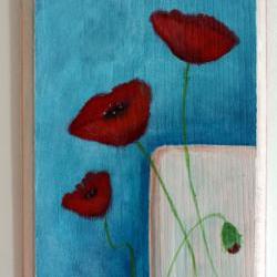 Three Red Poppies - original painting on wood